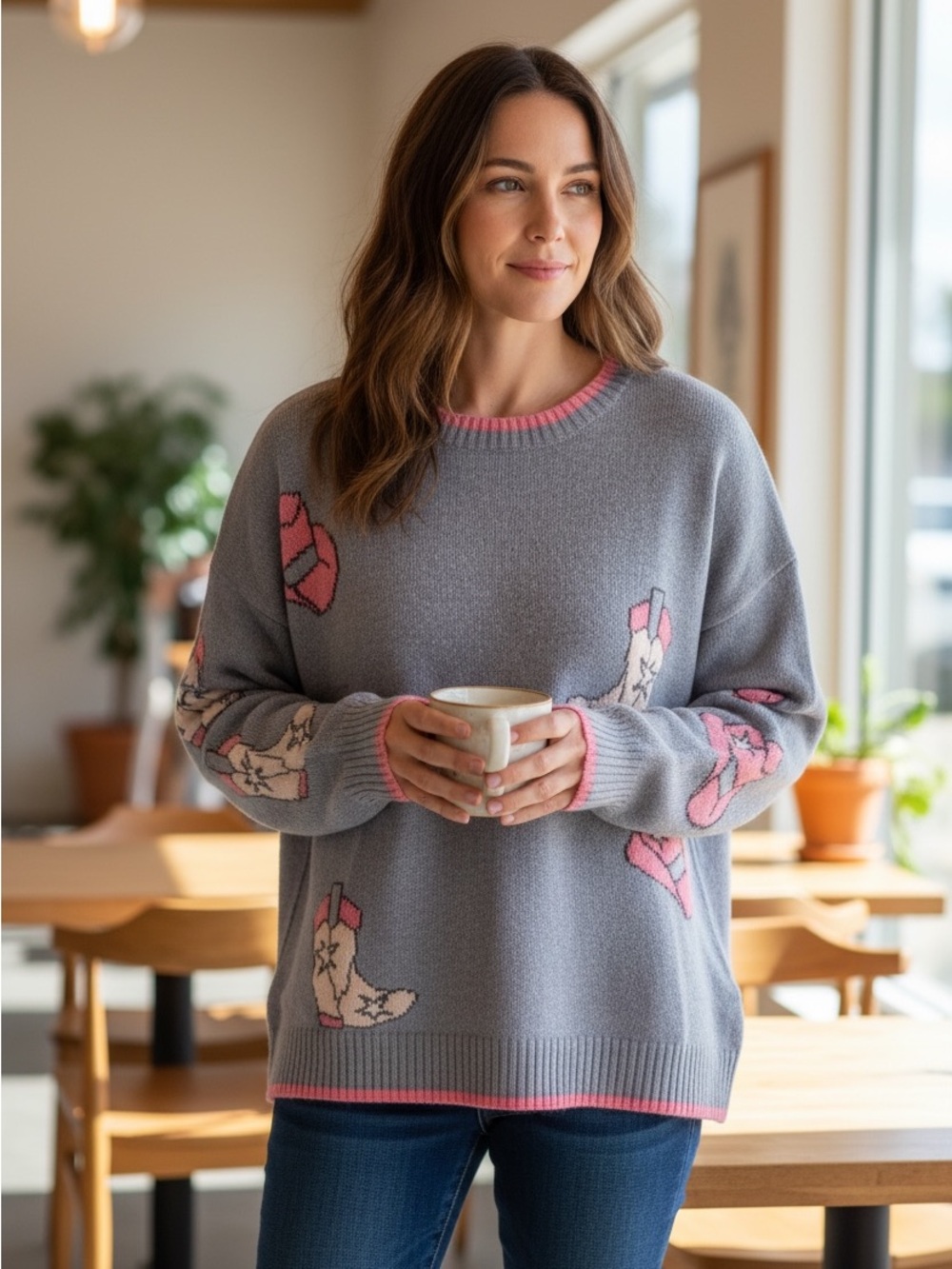 Fantastic Fawn Med Blue/Grey Sweater with Pink Cowboy Boot & Hat Design Med